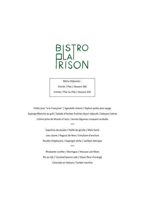 Menu du déjeuner du Bistro La Prison avec entrées, plats et desserts à Béziers, France