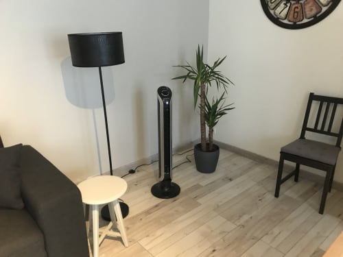 Studio moderne à Chablis Appart avec coin salon, lampadaire, ventilateur sur pied et plante en pot