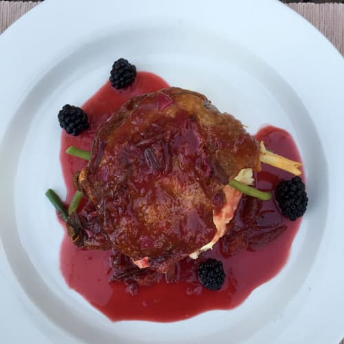 Gourmet plated duck dish with berry sauce at Maison Mûrier, a fine dining experience in Fayssac, France.
