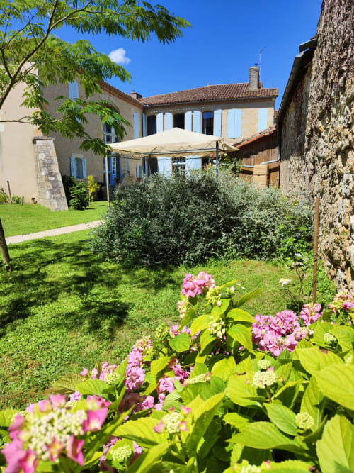 Jardin verdoyant du Rêve d’Alice avec terrasse ombragée et fleurs au premier plan