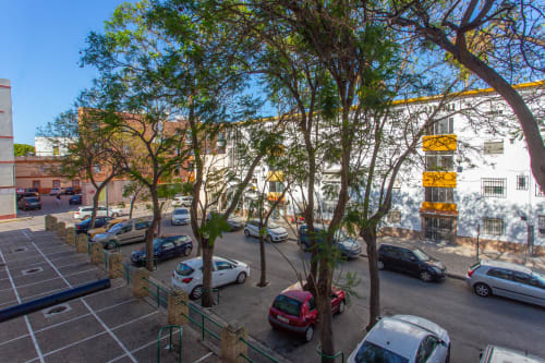 Plaza sombreada con coches aparcados y árboles en flor en el apartamento Wehost Costaluz de Puerto Santa María, España