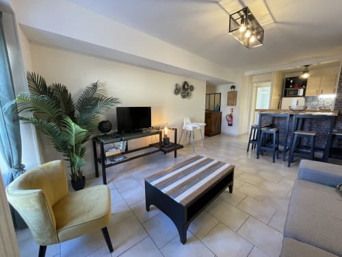 Geräumiges offenes Wohnzimmer im Ferienhaus Le Cosy de Beauval mit gelbem Sessel, schwarzem Couchtisch, TV-Möbel und Zugang