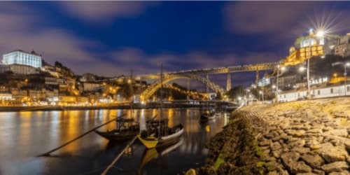 Vista nocturna del Puente Dom Luís I en Oporto, Portugal, con las luces de la ciudad reflejándose en el río Duero. En el primer plano, se ven barcos rabelo tradicionales anclados junto a la orilla, mientras que el icónico puente de hierro conecta las dos orillas de la ciudad, iluminando el paisaje urbano. Este lugar es emblemático de Oporto y ofrece un ambiente pintoresco y romántico por la noche