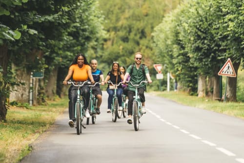 Group of five cyclists riding on a tree-lined road near La Roche Guyon, France, perfect for exploring Giverny.