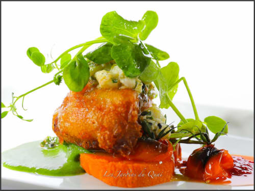 Gastronomisch gepresenteerd gerecht met gegrilde proteïne, sinaasappelsaus en microgroenten bij Provence Km28 Gordes