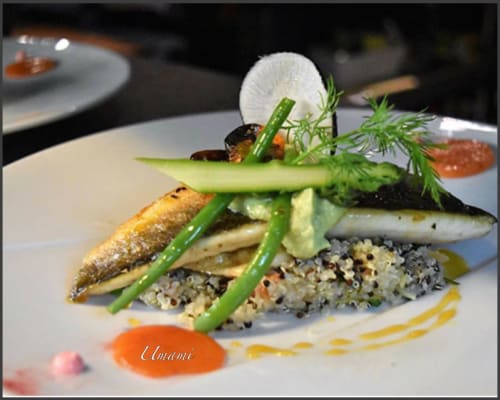 Gastronomische presentatie van zeevruchten en groenten in restaurant Provence Km28 in Gordes met vis, sperziebonen en microgreens