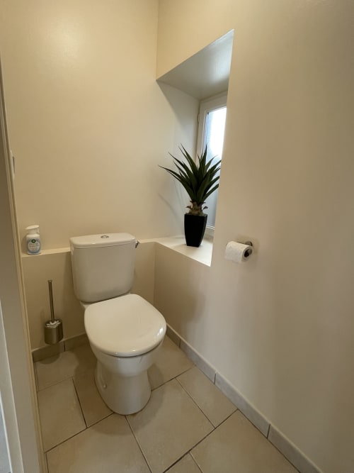 Modernes Badezimmer des Ferienhauses Trois Provinces mit weißer Toilette, Topfpflanze, Waschbecken und hellem Dachfenster