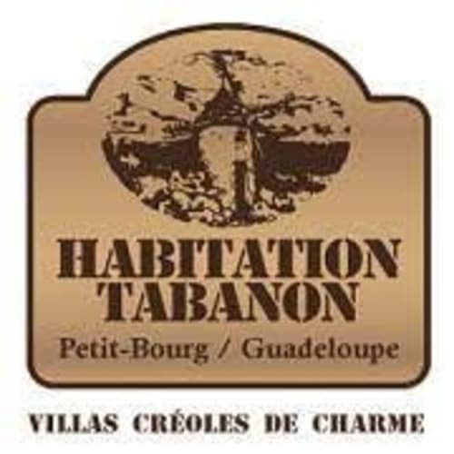 Étiquette du domaine colonial Habitation Tabanon avec deux personnages, Petit-Bourg Guadeloupe, Villas Créoles de Charme