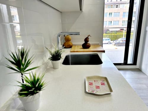 Cocina moderna en apartamento de Baiona con encimera blanca, fregadero negro, plantas en maceta, peras decorativas y vistas a la ciudad