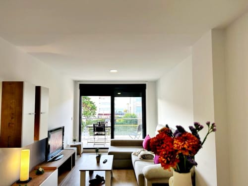 Moderno salón de apartamento en Baiona con acceso a terraza, televisor, cómodos asientos y flores frescas