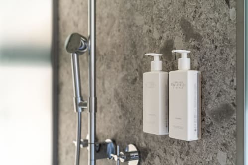 Luxuriöse Badezimmeraccessoires im Spa-Hotel Le Pavillon M in Grignan mit Lorenzo-Villoresi-Produkten und Regenduschkopf