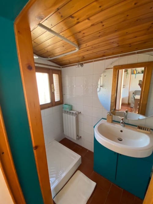 Bagno di L'Appartamento Giusto Bologna con pareti turchesi, soffitto in legno, lavabo curvo, doccia e specchio