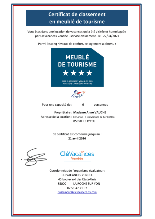 Meublé de tourisme 4 étoiles île d'yeu