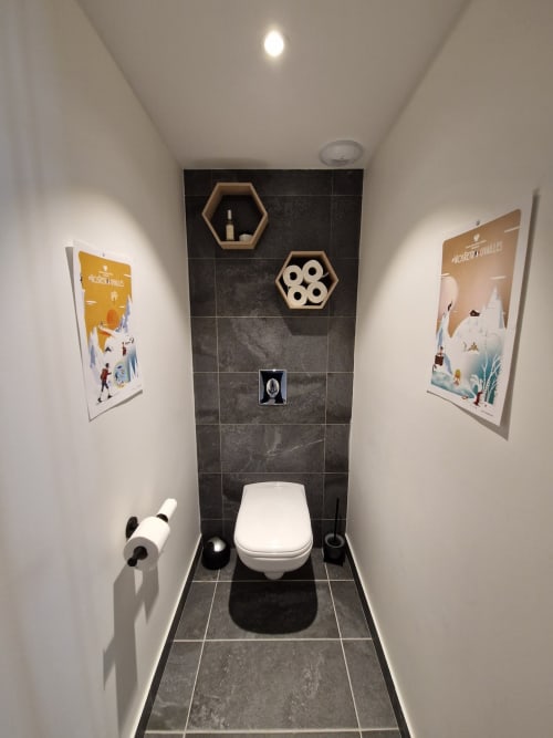 Modern bathroom at Serre Chevalier Cristal Lodge with white toilet, dark tile walls, hexagonal shelving, and decorative