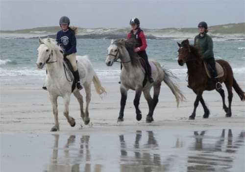 Three riders on horses galloping along a beach near Seabrook Lodge in Clifden, Galway, Ireland