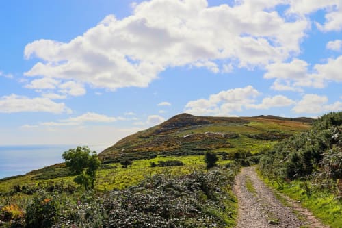 Rural hiking trail near Bray with green hillside, coastal views, and blue sky with clouds