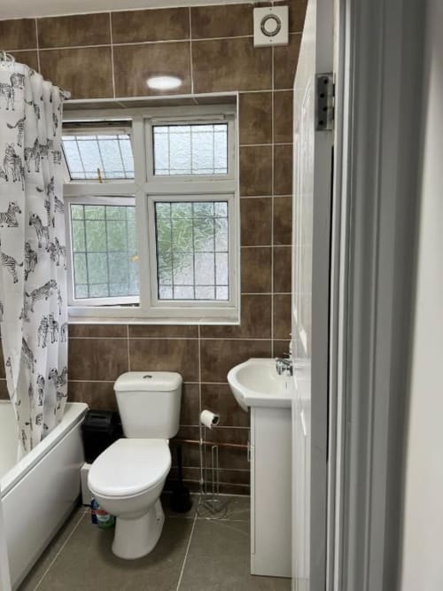 Bathroom at Starlet Property London with white toilet, pedestal sink, brown tile walls, window, and zebra-print shower