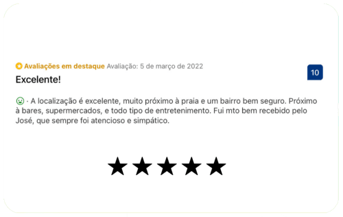 Avaliação 5 estrelas da Pousada New Ipanema elogiando excelente localização perto da praia de Ipanema, segurança e equipe atenciosa