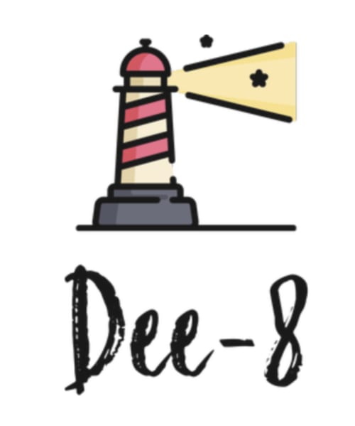 Dee-8 hotel lighthouse logo with beam in West Kirby Wirral, emitting light with stars