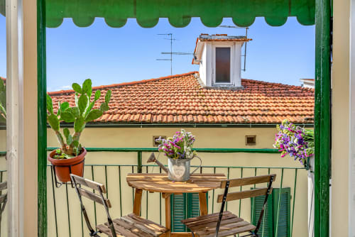 Vista dalla balconata con cornice verde dei tetti in cotto di Pisa, tavolo in legno, fiori e pianta di cactus