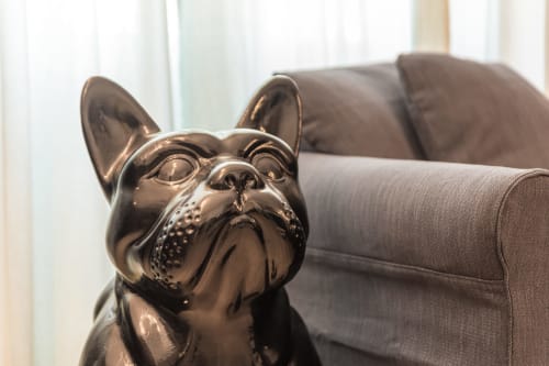 Statua di Bulldog francese nero in lussuoso appartamento a Pisa con divano grigio presso SleepWithMe B&B