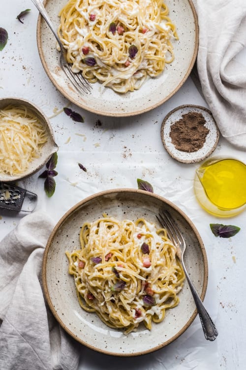 Creamy pasta carbonara with bacon and purple basil served at Dee-8 hotel, West Kirby Wirral