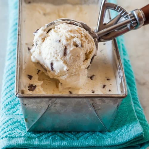 Scoop of cookie dough ice cream with chocolate chips in container at Dee-8 hotel, West Kirby Wirral
