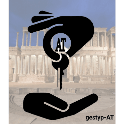 Logo de hospitalidad Gestyp-AT con manos acunando un templo antiguo, representando la gestión de propiedades en Mérida, España