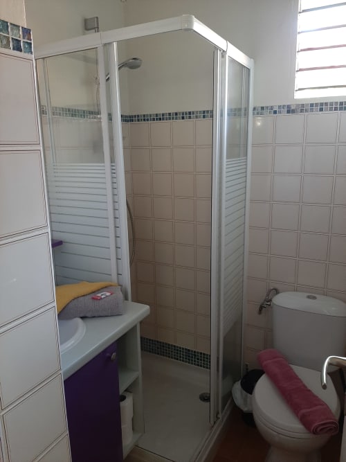 Modern bathroom in Serenity apartment at Residence de Vacances Mon Refuge, Martinique, featuring shower enclosure, sink, and