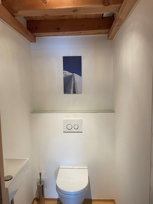 Toilettes modernes au Chalet du Sarrasin à Tignes, avec poutres en bois et décoration montagnarde
