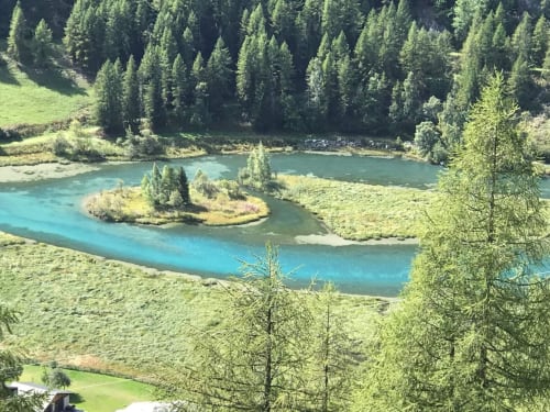 Rivière alpine turquoise aux rives forestières et petite île près du Chalet Du Sarrasin à Tignes, France