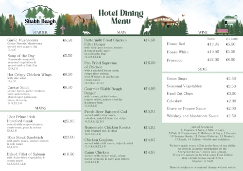 Sliabh Beagh Hotel dining menu featuring starters, mains, wines and sides with Irish cuisine options