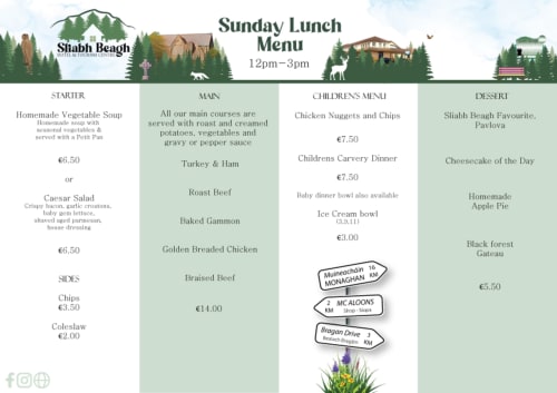 Sliabh Beagh Hotel's Sunday lunch menu 12pm-3pm featuring starters, mains, children's meals and desserts with pricing