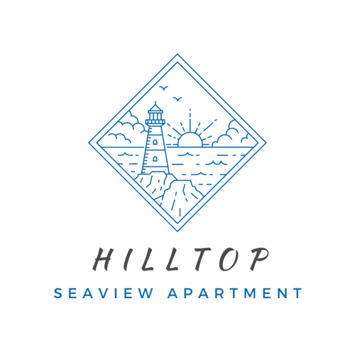 Hilltop Seaview Apartment logo featuring lighthouse at sunset over ocean in Wicklow