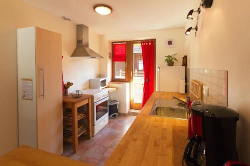 Cuisine moderne avec plans de travail en bois, touches rouges et portes vitrées au Gîte La Grange à Neuf-Brisach
