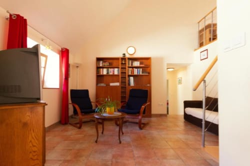Spacieux séjour du Gîte La Grange à Neuf-Brisach avec téléviseur, sièges, bibliothèques et escalier