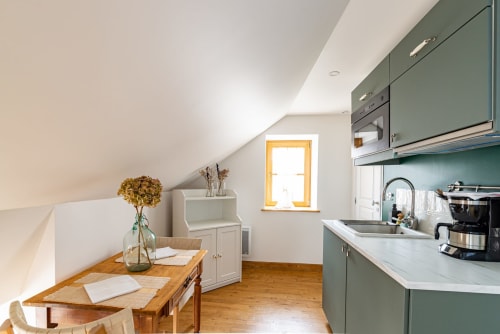 Modern kitchenette in Logis Olympe apartment at La Maison George, Flavigny sur Ozerain, with sage cabinetry and wooden dining