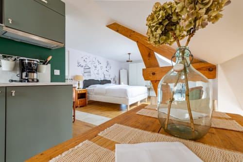 Logis Olympe apartment at La Maison George in Flavigny sur Ozerain features green kitchenette, wooden beams, bed, and dried