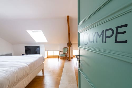Logis Olympe apartment bedroom at La Maison George, Flavigny sur Ozerain, with bed, TV, and green paneled door