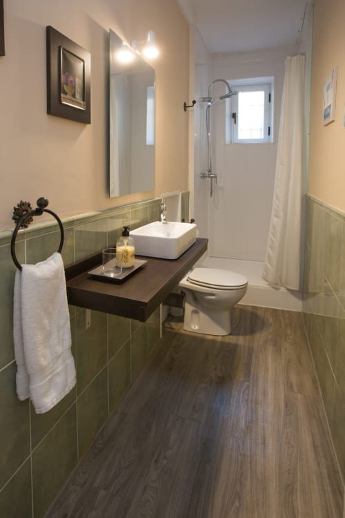 Modern bathroom in Ávila apartment with vessel sink, mirror, shower, toilet and wood-look flooring