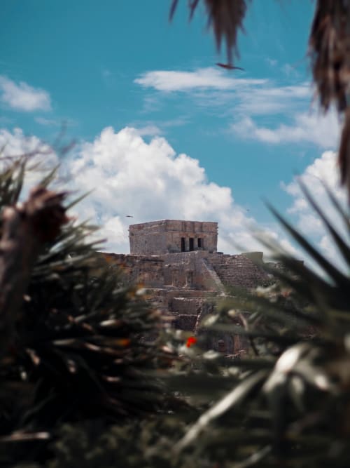 Antiguas ruinas mayas rodeadas de vegetación tropical con cielo azul, cerca de Cancún