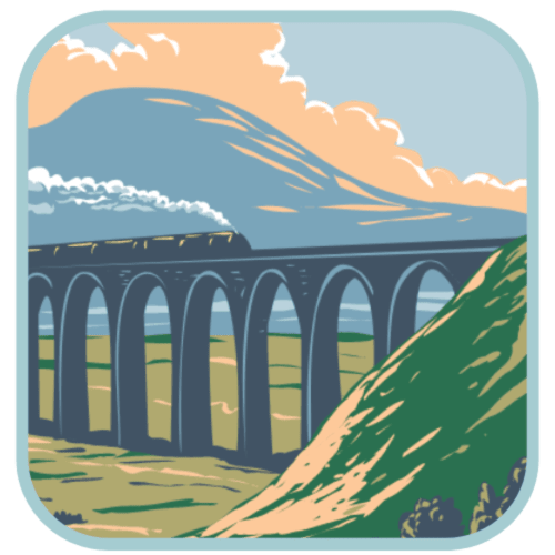Historic railway viaduct with steam train near Guisborough, countryside landscape with rolling hills