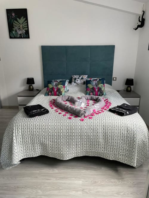 Chambre romantique au Gîte du Miroir avec tête de lit bleu-vert, literie à motifs et pétales de rose