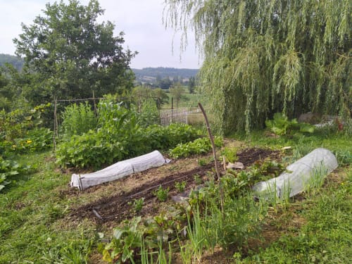 Vegetable garden at Les Gites de Campardon in Monties, France, with row covers, trellises, and rolling countryside views