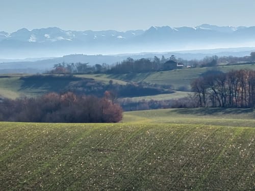 Alpine mountain views over rolling green fields at Les Gites de Campardon, Montaing, France