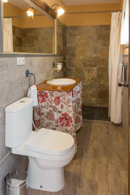 Baño en Apartamentos Turísticos Ávila con inodoro blanco, lavabo pedestal, ducha a ras de suelo y tocador rústico de madera