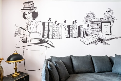Vintage library mural in La Maison George apartment featuring woman with books and elegant furnishings