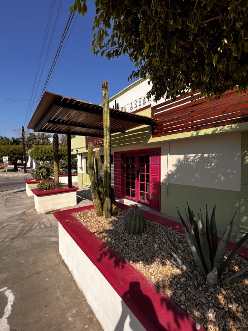 Entrada del Hotel Boutique BajaReal en La Paz con paisajismo desértico, cactus, puertas rojas y arquitectura moderna