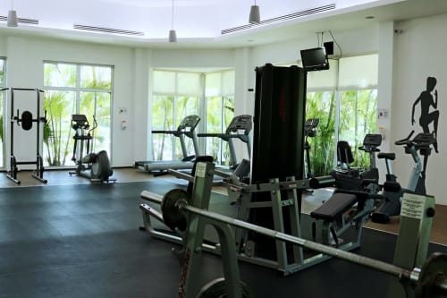 Moderno gimnasio del Resort Mareazul con vista al mar, equipos cardiovasculares, pesas y vistas tropicales en Playa del Carmen
