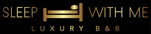 Logo SleepWithMe Luxury B&B con icona letto in oro su sfondo nero, ospitalità a Pisa